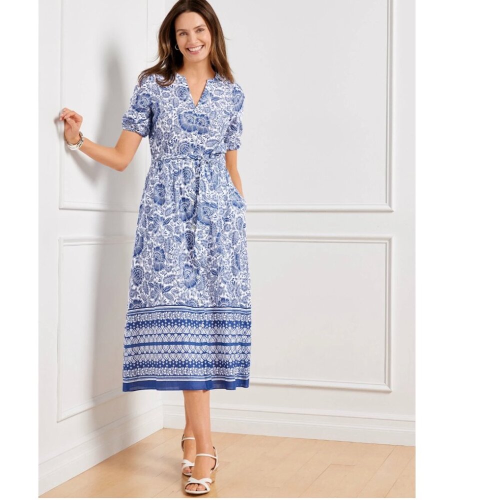 Talbots Blue/White Puff Sleeve Fit/Flare Woodblock Floral 100% Cotton Dress Sz 6
